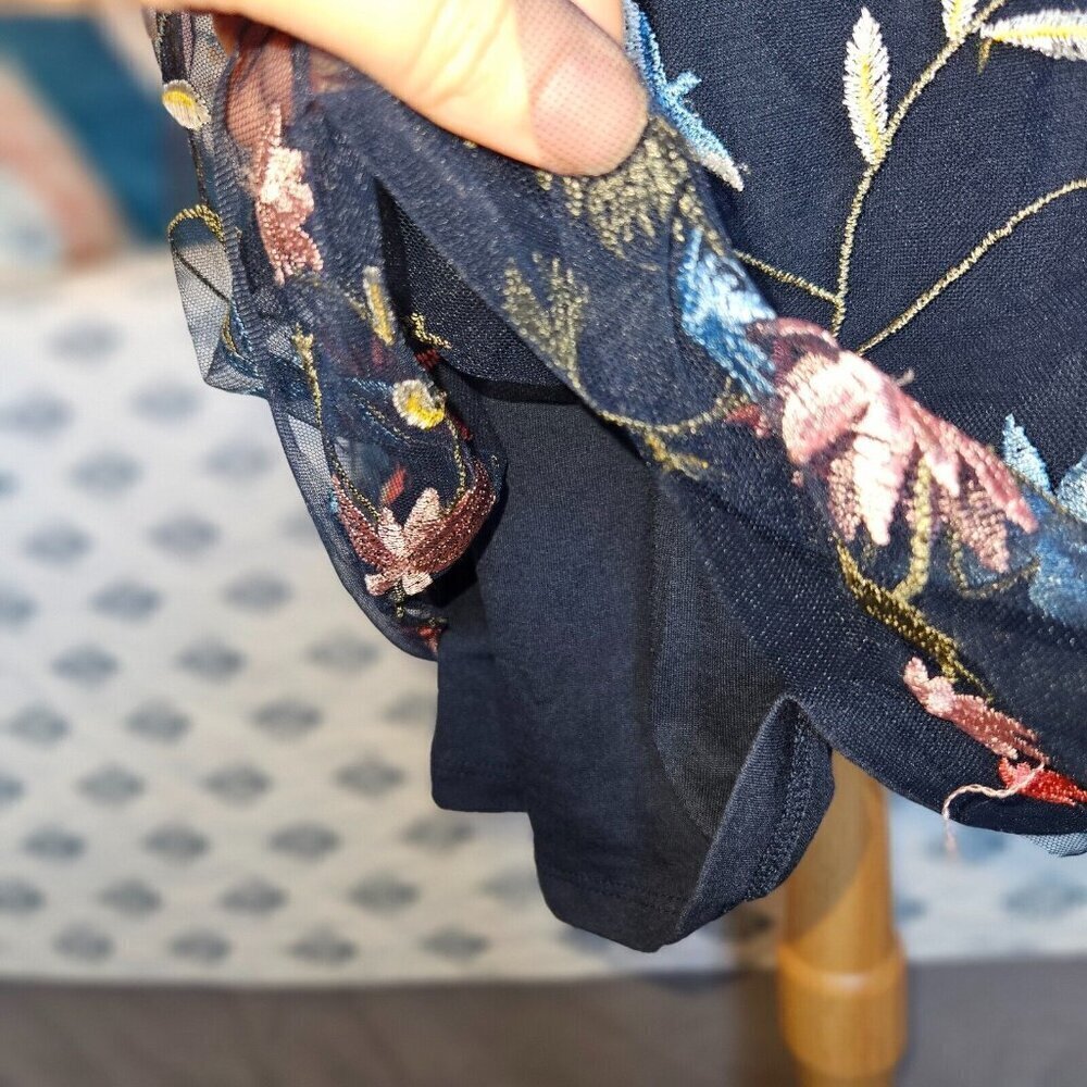 Reserved Navy Embroidered Floral Tulle Midi Skirt S - Picture 6 of 14